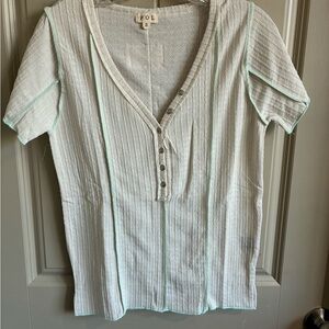 POL White Ribbed Henley Tee with Mint Pinstripe Detail